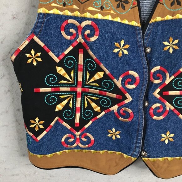 Vintage Hairston Roberson Ropa Vest Womens M  Blue Denim Embroidery Boho Art - Picture 10 of 16